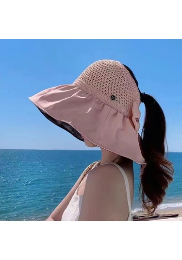 Bayanlar İçin Şık Siyah Tutkallı Boş Üst Güneşlikli Geniş Kenarlı Yüz Koruyucu Şapka Pembe