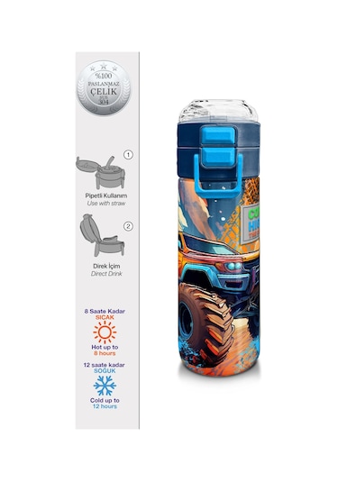 Coral High Kids Turuncu High Wheels Truck Desenli Pipetli Ve Direkt İçim Çelik Termos 500 Ml 31994 Turuncu