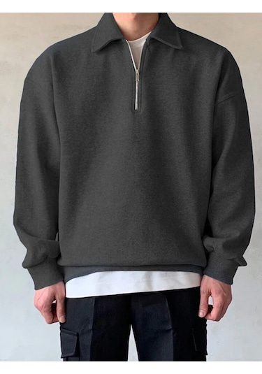 Genius Store Erkek Polo Yaka Oversize Yarım Fermuar Sweatshirt Füme