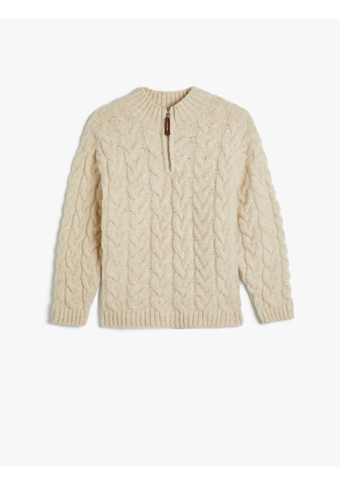 Koton Yarım Fermuarlı Saç Örgüsü Detaylı Uzun Kollu Kazak Bej 5wkb90004ht Ekru