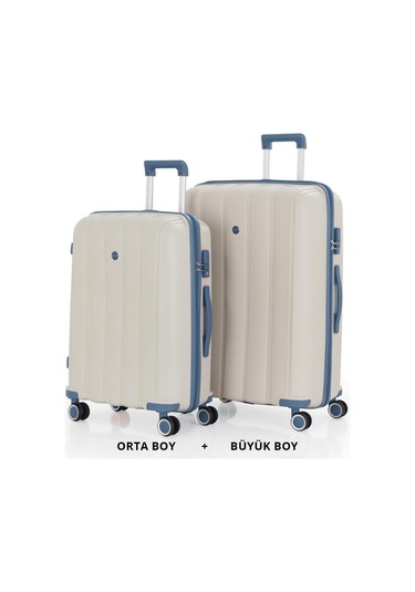 Mçs Bavul Büyük Ve Orta 2li Set Kırılmaz Silikon Valiz V305 Kemik/skyblue Bej