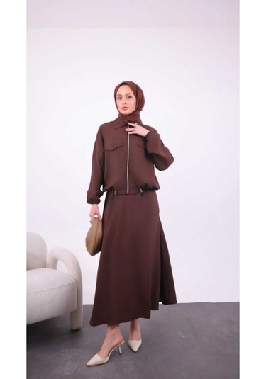 Modal Kumaş Fermuarlı Etekli Takım Kahverengi