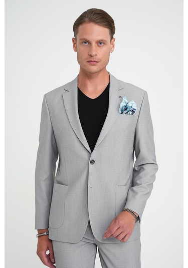 Slim Fit Torba Cep Esnek Pamuk Düz Gri Blazer Ceket C 712 Gri