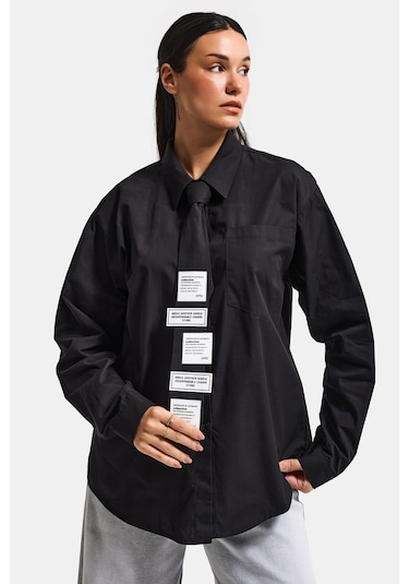 Itsbasic Kadın Siyah Renk Oversize Kravatlı Özel Tasarım Bol Kesim Gömlek