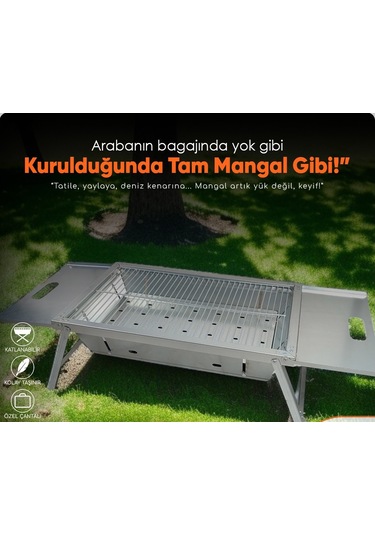 Miraç 55x35cm Katlanır Mangal Çantalı Lazer Kesim Büyük Boy Gri