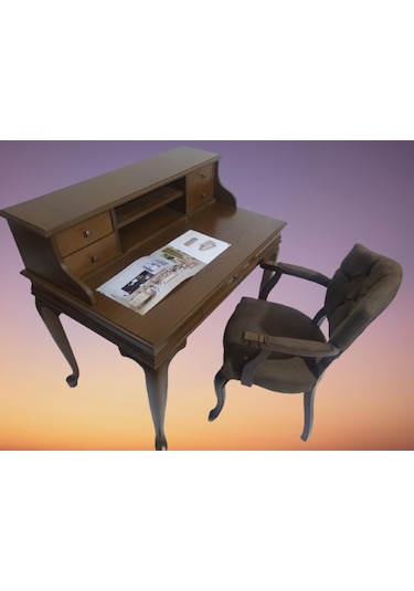 Bengimobilya Çalışma Masa-Berjer Sandalye Kelebek Model Parlak Ceviz Boya Kete Ceviz