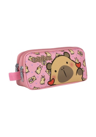 Capybara Kız Çocuk İki Bölmeli Kalem Çantası - Pembe - 5214 Çok Renkli