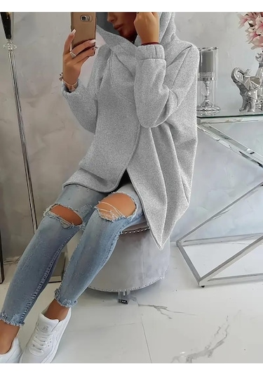 Gri Kadın 3 İplik Şardonlu Kapüşonlu Ceket Asimetrik Fermuarlı Oversize Gri