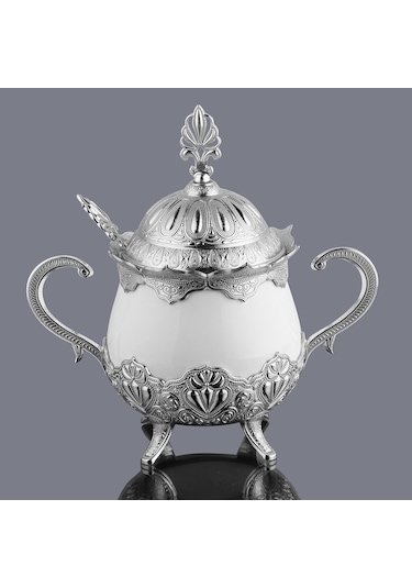 Kapaklı Ve Kaşıklı Lüks Porselen Şekerlik Lokumluk Gümüş