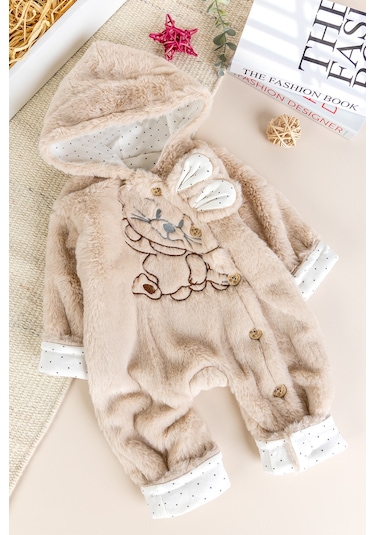 Tavşan Fiğürlü Kışlık Peluş Kız/erkek Bebek Tulum Bej