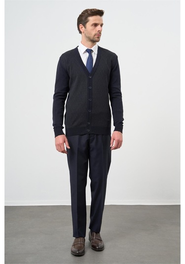 Koyu Lacivert Uzun Kol Kendinden Desenli Örme V Yaka Classic Comfort Fit Triko 1012245161 Koyu Lacivert