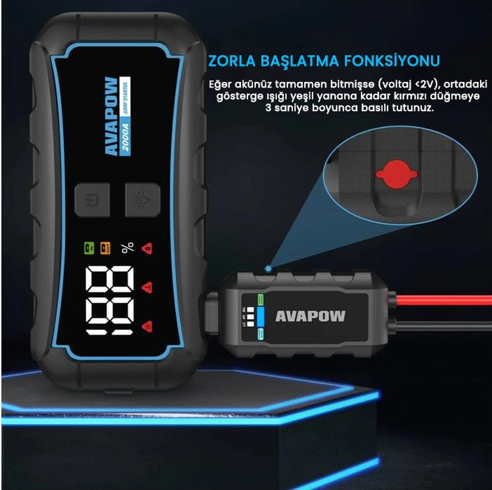 Avapow E5 Pro 12000MAH 2000A Jump Starter Taşınabilir Akü Takviye Kiti (Powerbank + LCD + LED Işık)