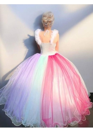 Kız Çocuk Unicorn Etekleri Gökkuşağı Tarlantanlı Abiye Elbise-15466 Çok Renkli