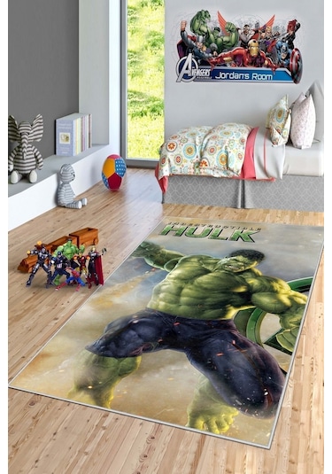 West Home Makinede Yıkanabilir Kaymaz Taban Leke Tutmaz Süper Kahraman Desenli Çocuk Halısı Wh 519 Green Yeşil