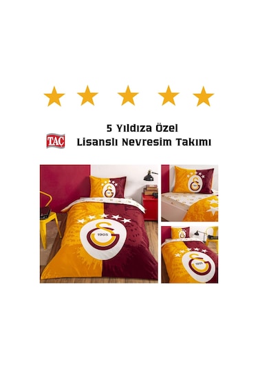 Lisanslı %100 Pamuk Çarşafı Lastikli Tek Kişilik Nevresim Takımı Galatasaray 5. Yıldız Sarı Kırmızı