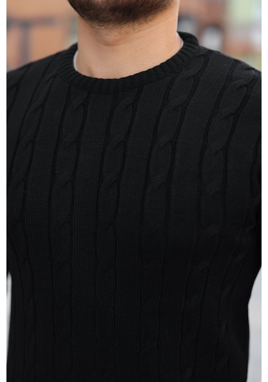 Erkek Örgü Desen Bisiklet Yaka Kazak Siyah