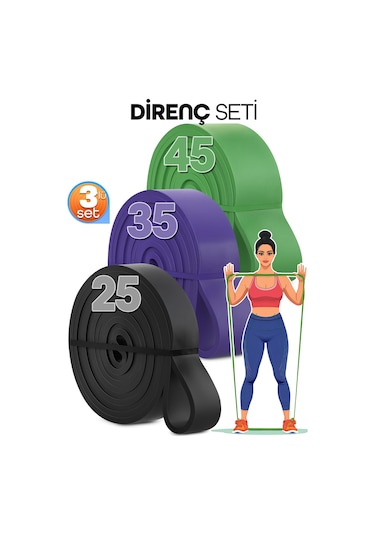 25 + 35 + 45 Kg 3'lü Set Barfiks Lastiği Gym Resistance Band Antrenman Kas Geliştirme Bandı