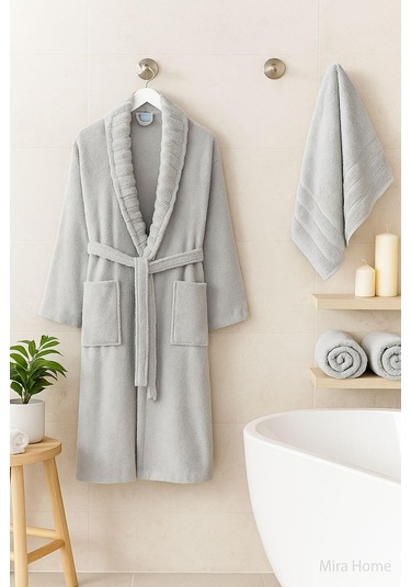 4 Parça Soft Elegance Banyo Aile Bornoz Seti %100 Pamuklu Açık Gri