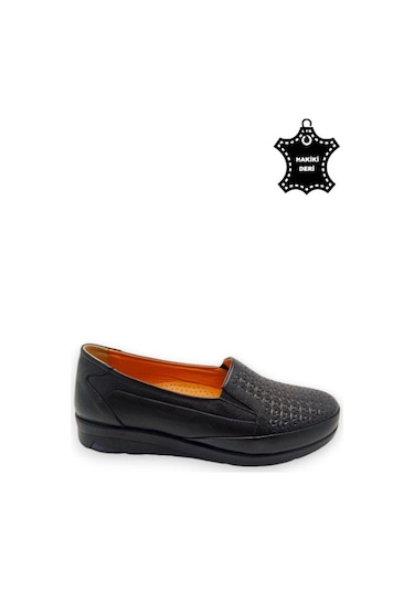 Kadın Taba Hakiki Deri Içi Deri Comfort Tam Ortopedik Anne Ayakka Siyah-baskılı Siyah