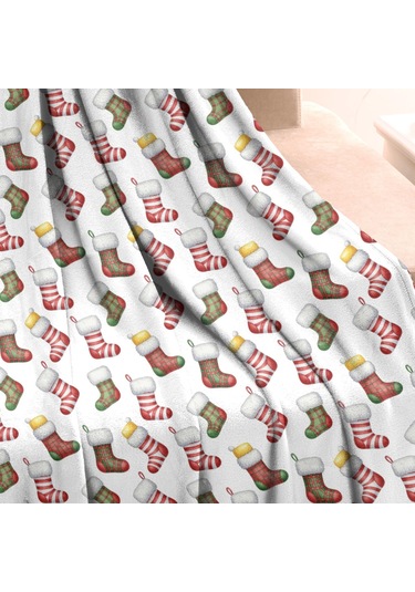 Noel Desenli 50x60 İnç Polar Battaniye, Yumuşak, Hafif Ve Kalın, Erkek, Kadın Ve Çocuk İçin Noel Çorap Kilit Desenli