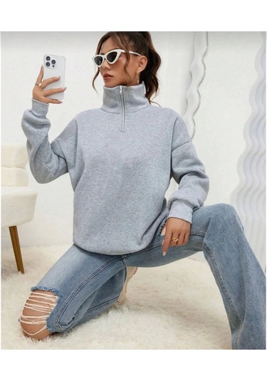 Tua Moda Unisex Uzun Kol Yarım Farmuarlı Yakalı Basic Sweatshirt - Gri Gri
