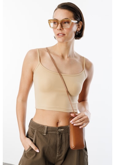 Genius Store Kadın Scuba Kumaş İp Askılı Crop Top Crop-atlet Bej