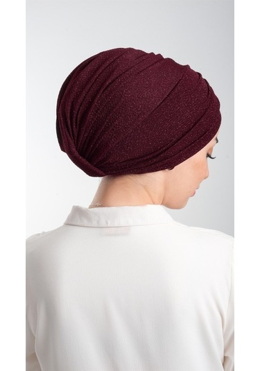 Bordo Pratik Hazır Geçmeli Tesettür Bone Fukuro Simli Büzgülü 211 Bordo