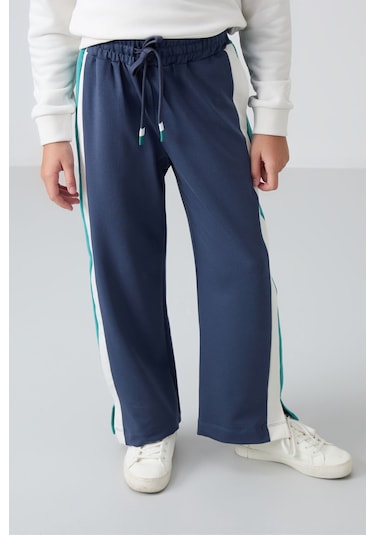 Tommy Life Petrol Yırtmaç Detaylı Cepli Geniş Paça Kız Çocuk Eşofman Alt - 75141 Petrol