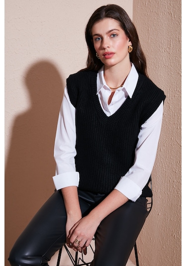 Lela V Yaka Örme Triko Bayan Süveter 4616105Y Siyah