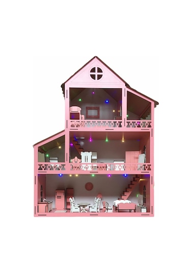 Ahşap Oyun Evi 100Cm 36 Eşya Pembe Led Işıklı