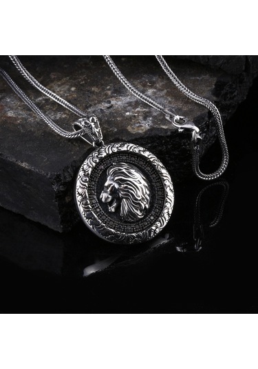 Otantik Motifli Zirkon Taşlı Gümüş Aslan Kolye Gümüş