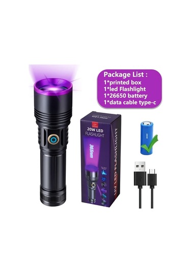 Cordial 1 Adet Profesyonel 365nm Uv El Feneri Siyah Alüminyum Alaşım Sebze Algılama Taşınabilir Yüksek Güçlü Led Şarj Edilebilir 26650 Pil Floresan Algılama Ideal Hediye Siyah