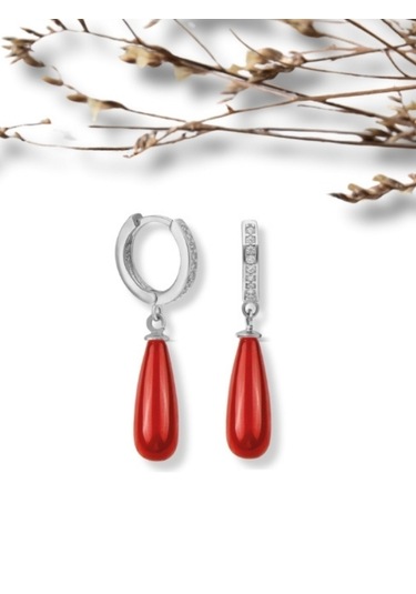 Şık Ve Zarif 925 Ayar Uzun Drop Mercan Taşlı Gümüş Küpe