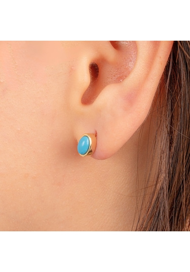 Altın Küpe - 14 Ayar Altın Firuze Turkuaz Taşlı Oval Küpe Sarı