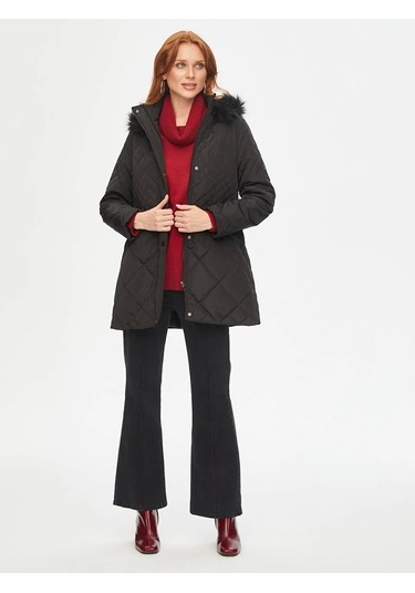 Faik Sönmez Kürk Kapüşonlu Kapitone Kadın Kaban B00041 Siyah