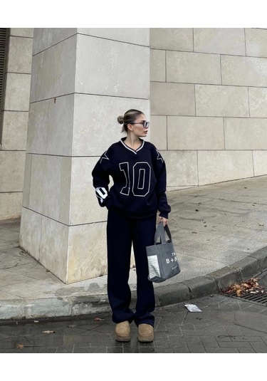 Simala V Yaka Üç İplik Sweat Takım - Siyah Siyah