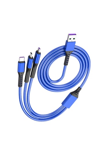 Hasır, 3 İn 1, Şarj Kablosu, Lightning & Micro Usb, Type-c, Ios, - Mavi