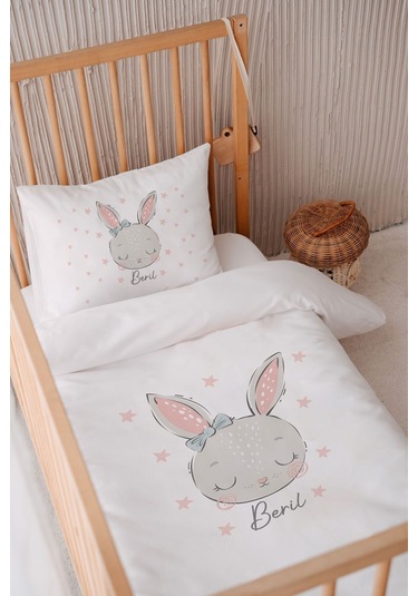 %100 Pamuk Saten Isme Özel Isimli 100x150 Bebek Yatak Nevresim Seti Tavşan 2