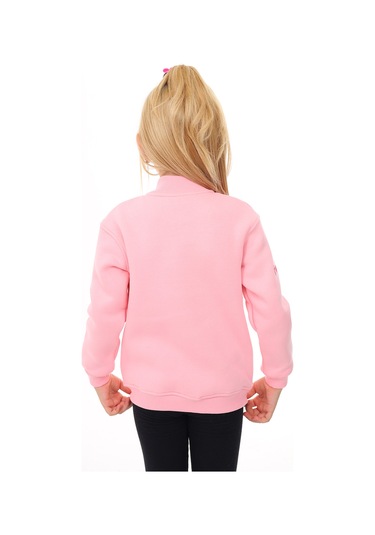 Toontoy Kız Çocuk Dik Yaka Fermuarlı Cepli Nakış Baskılı Örme Hırka - 2 İplik Şardonlu Pembe