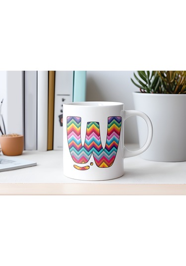 W Harfi Renkli Zigzag Desenli Kupa Bardak - Afrika Tarz Etnik Tasarım Kupa - Kişiye Özel Beyaz