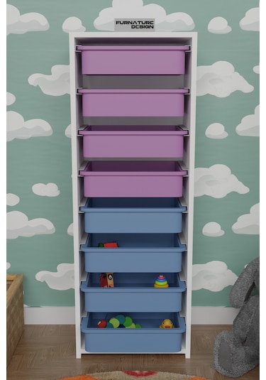 8 Sepetli Çok Amaçlı Dolap Oyuncak Dolabı - Beyaz - Mavi&pembe