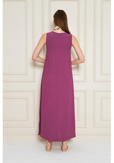 Kadın Sıfır Kol Aerobin Kumaş A Kesim Yırtmaçlı Maxi Yazlık Elbise 3760330 Mor