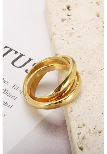 Takı Dükkanı Trinity 3lü Birbirine Geçmeli Sarmal Çelik Stres Yüzük Cl44 Sarı