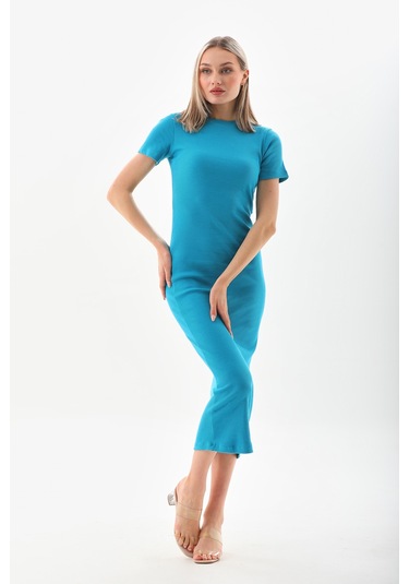 Turkuaz Kısa Kollu Diz Altı Fitilli Esnek Kalem Elbise  130 CM Turkuaz