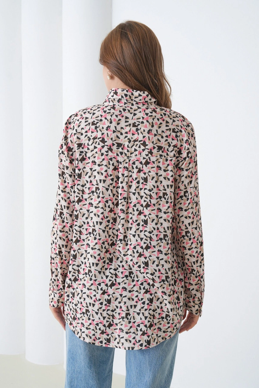 Kadın Tesettüre Uygun Desenli Uzun Kol Pamuk Şık Büyük Beden Desenli Curve Rahat Gömlek Kahverengi