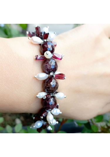 Sibelce 2687 Garnet Doğal İnci Zirkon El Yapımı Bileklik Bordo