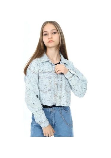 Kız Çocuk Parlak Taşlı Oversize Crop Kot Ceket-13741 Mavi