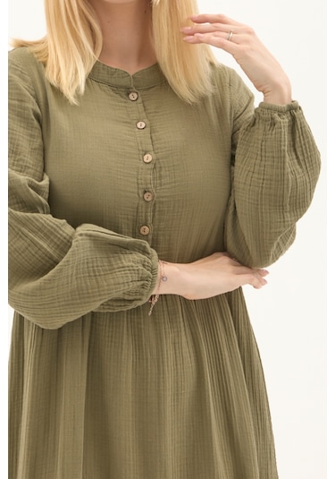 Uzun Kol Haki Düğmeli Yazlık Uzun Müslin Elbise