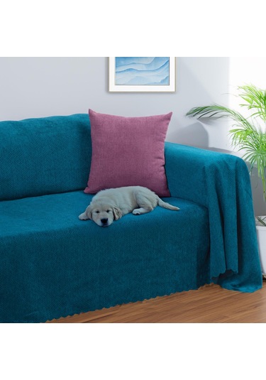 Jakarlı Şönil Koltuk Örtüsü Çekyat Örtüsü Koltuk Şalı 175x350 Kaymaz Turkuaz Turkuaz