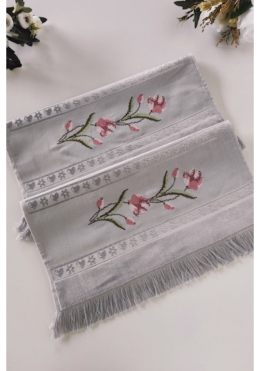 Gül Nakışlı Jakarlı Kadife El Yüz Havlusu - 50x90 Cm-gri Grı Gri
